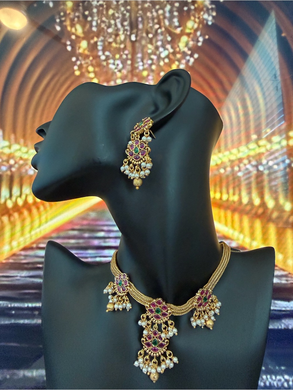 Traditional Gold-Tone Pink Floral Necklace & Earring Set